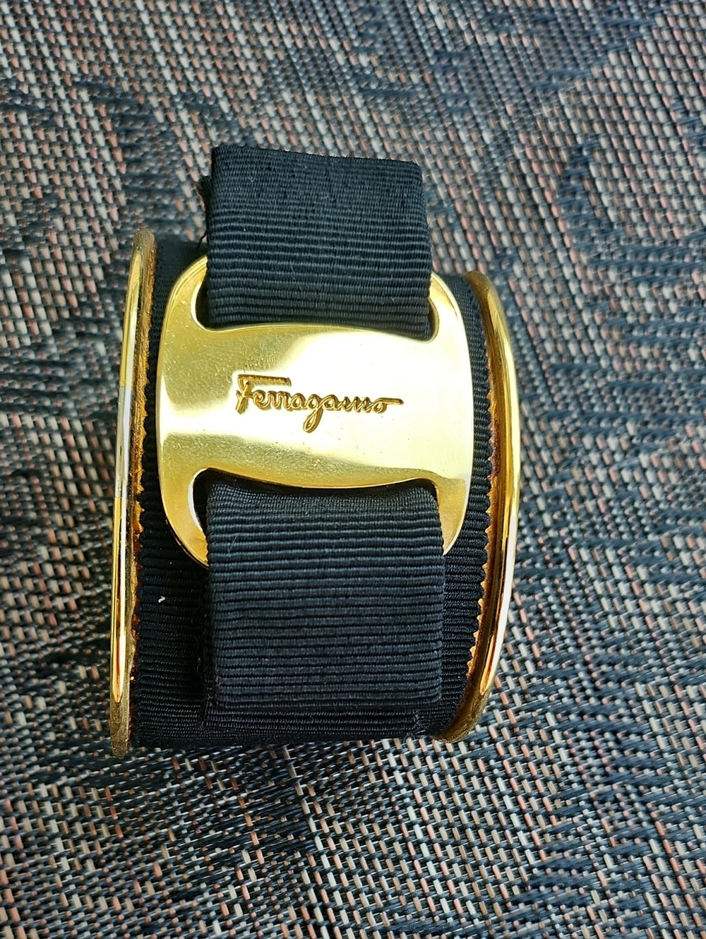 Salvatore Ferragamo Black Ribbon Cuff with Gold Hardware